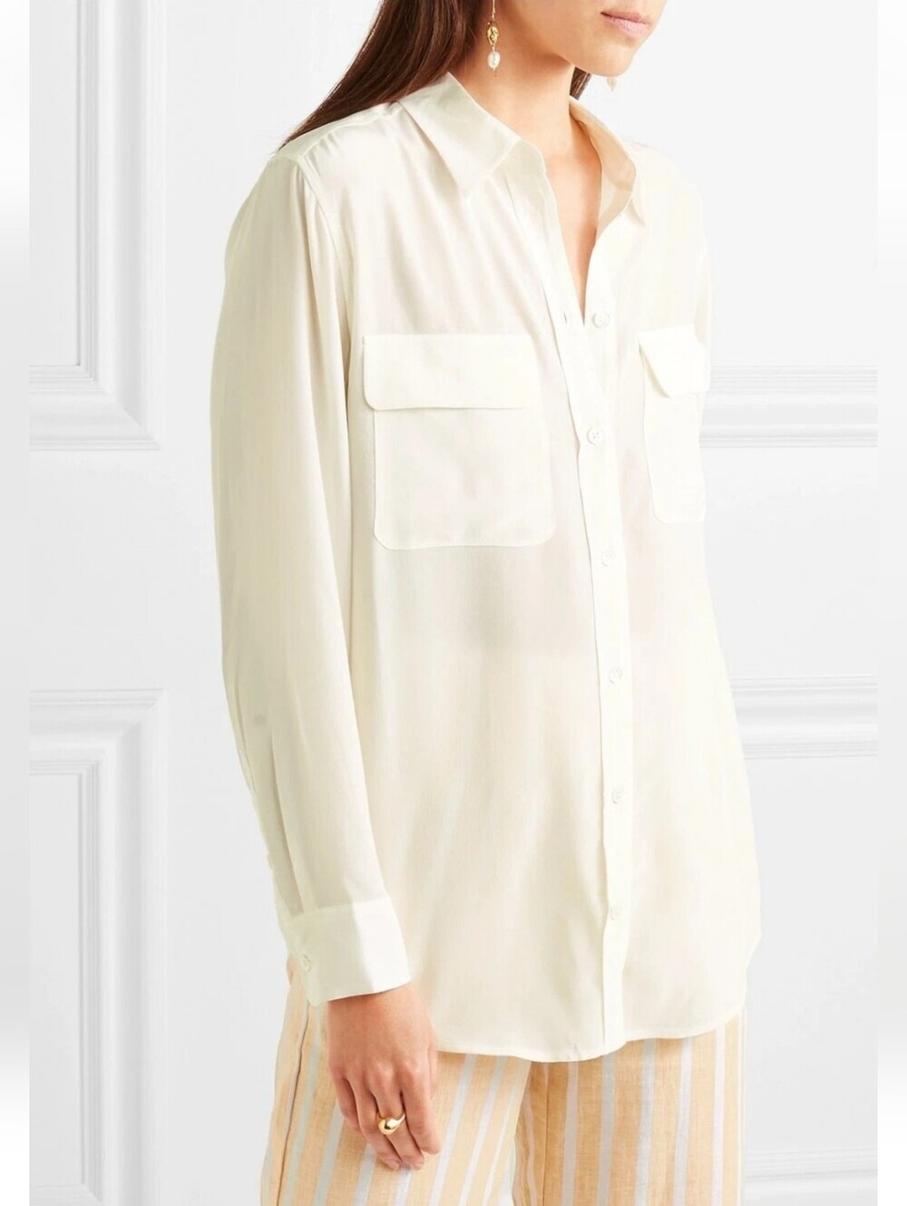 Equipment Silk Signature Blouse Ivory Off White Flap Pockets Oversized Size XS